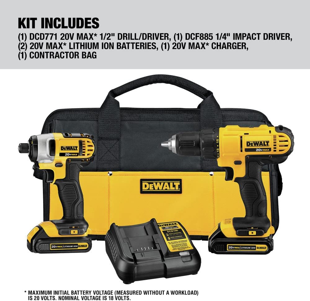 Kit Taladro Atornillador con Llave de Impacto Inalámbrico Cargador y Bateria de Ion-Litio 20V MAX* 1.3Ah DCK240C2