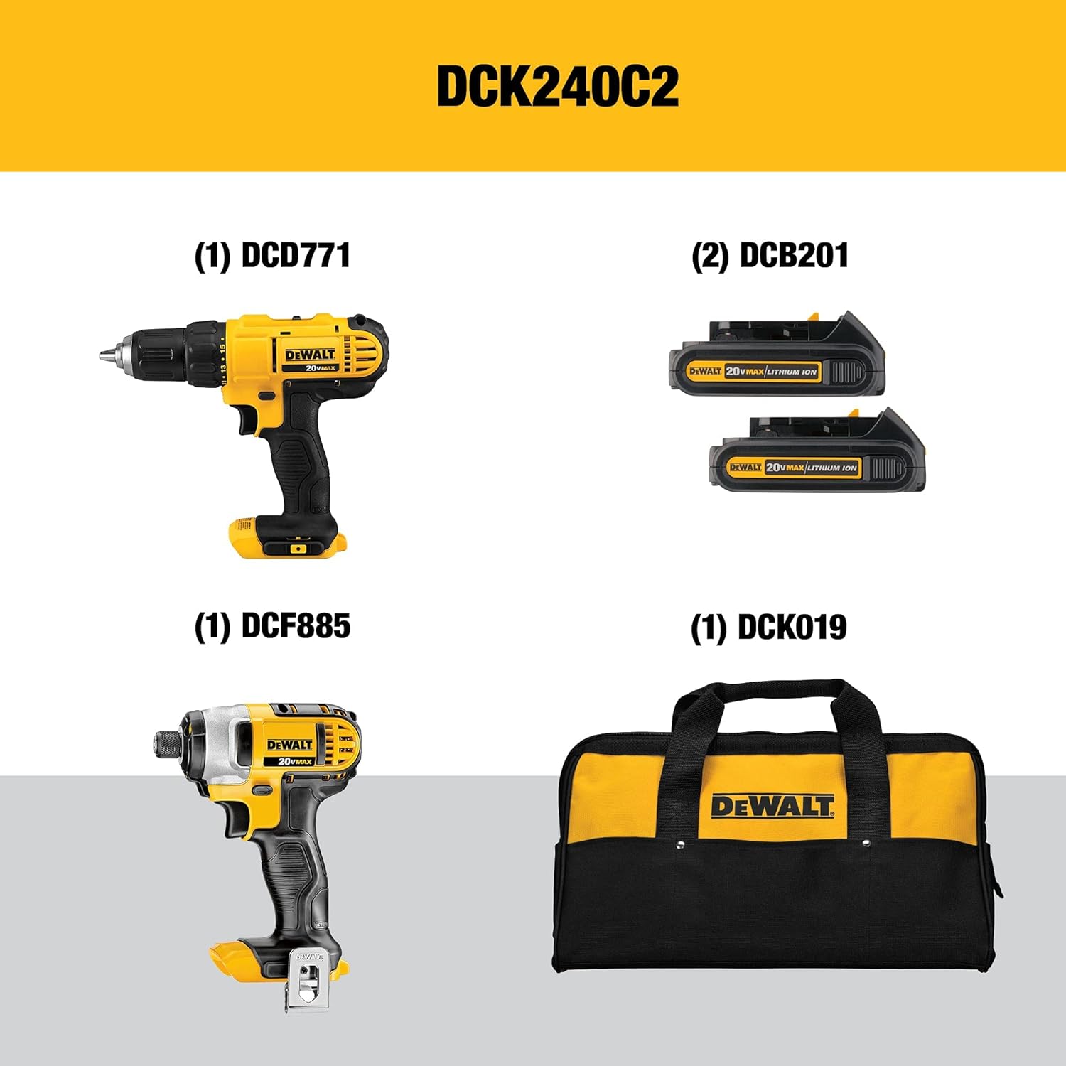 Kit Taladro Atornillador con Llave de Impacto Inalámbrico Cargador y Bateria de Ion-Litio 20V MAX* 1.3Ah DCK240C2
