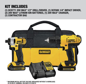 Kit Taladro Atornillador con Llave de Impacto Inalámbrico Cargador y Bateria de Ion-Litio 20V MAX* 1.3Ah DCK240C2