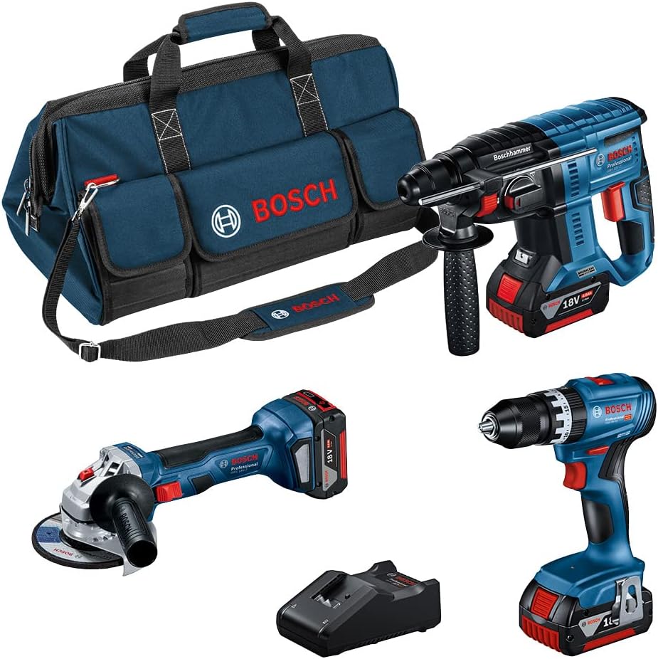 Kit Taladro de Impacto, Amoladora angular GWS 18V-7 y Atornillador de Impacto GSH 5, 3 baterias 18V MAX, Bolsa y Cargador Incluido