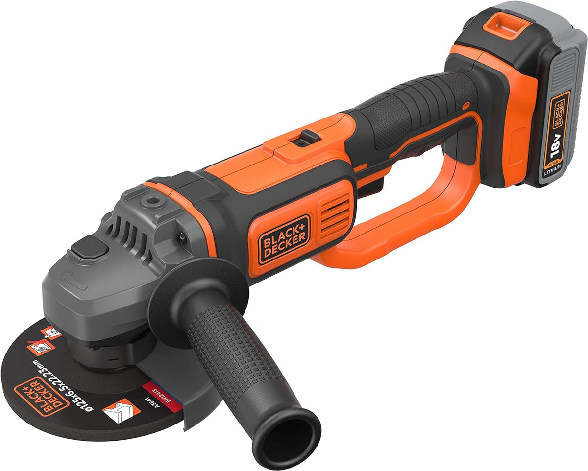 Amoladora angular de 18V Litio, incluye disco de 125mm, empuñadura lateral con 3 posiciones Batería incluida/cargador