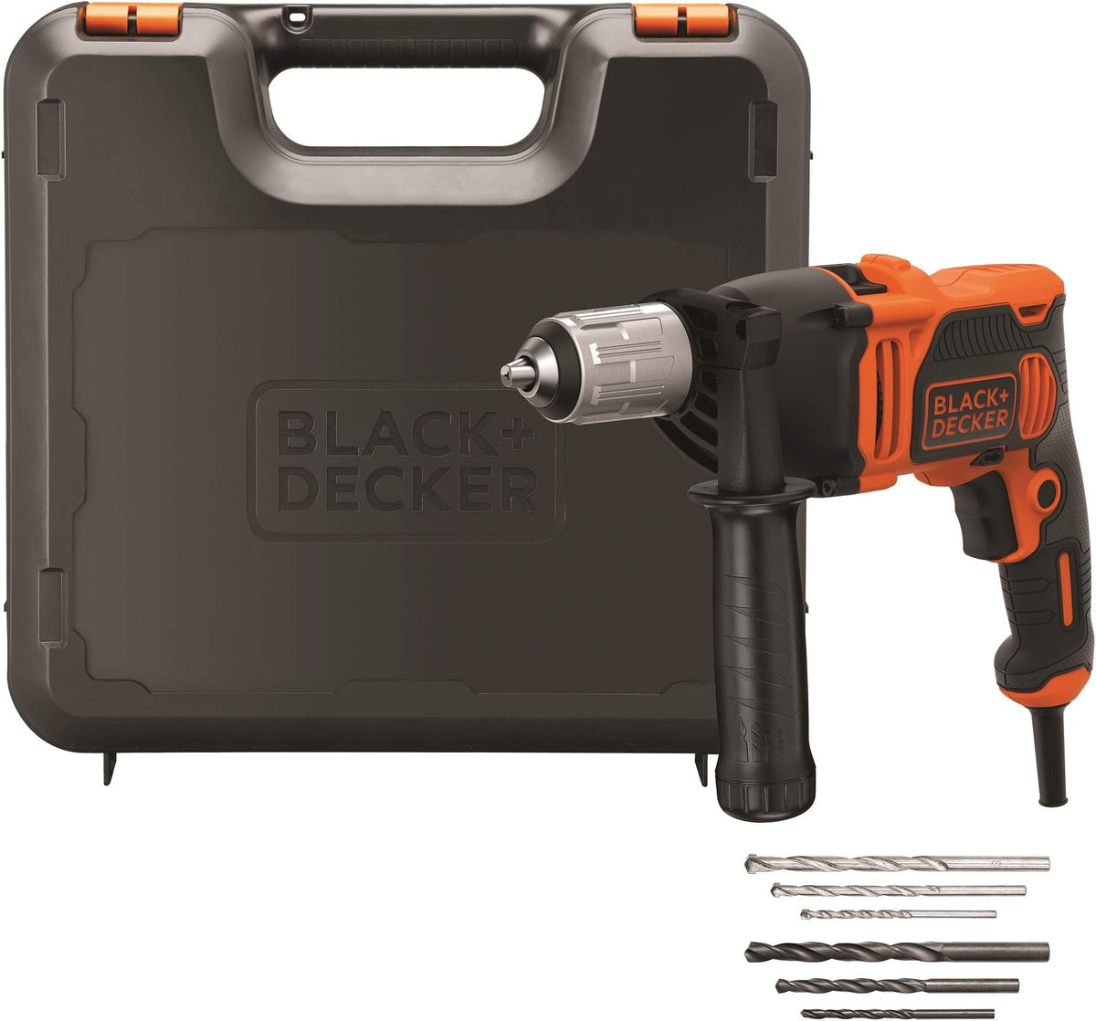 Taladro Percutor con Cable 710W Portabrocas 13mm Empuñadura lateral Incluye 4 Brocas y Maletín Naranja/Negro