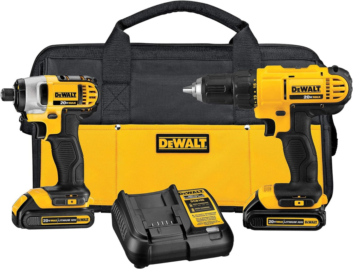 Kit Taladro Atornillador con Llave de Impacto Inalámbrico Cargador y Bateria de Ion-Litio 20V MAX* 1.3Ah DCK240C2